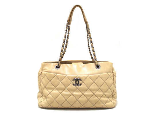 Chanel 31 Rue Cambon Paris Beige Stitched Quilted Lambskin Leather Tote Shoulder Bag