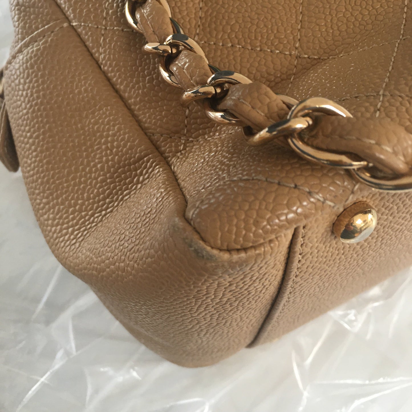 CHANEL Petite Shopping Tote Shoulder Bag in Beige Leather