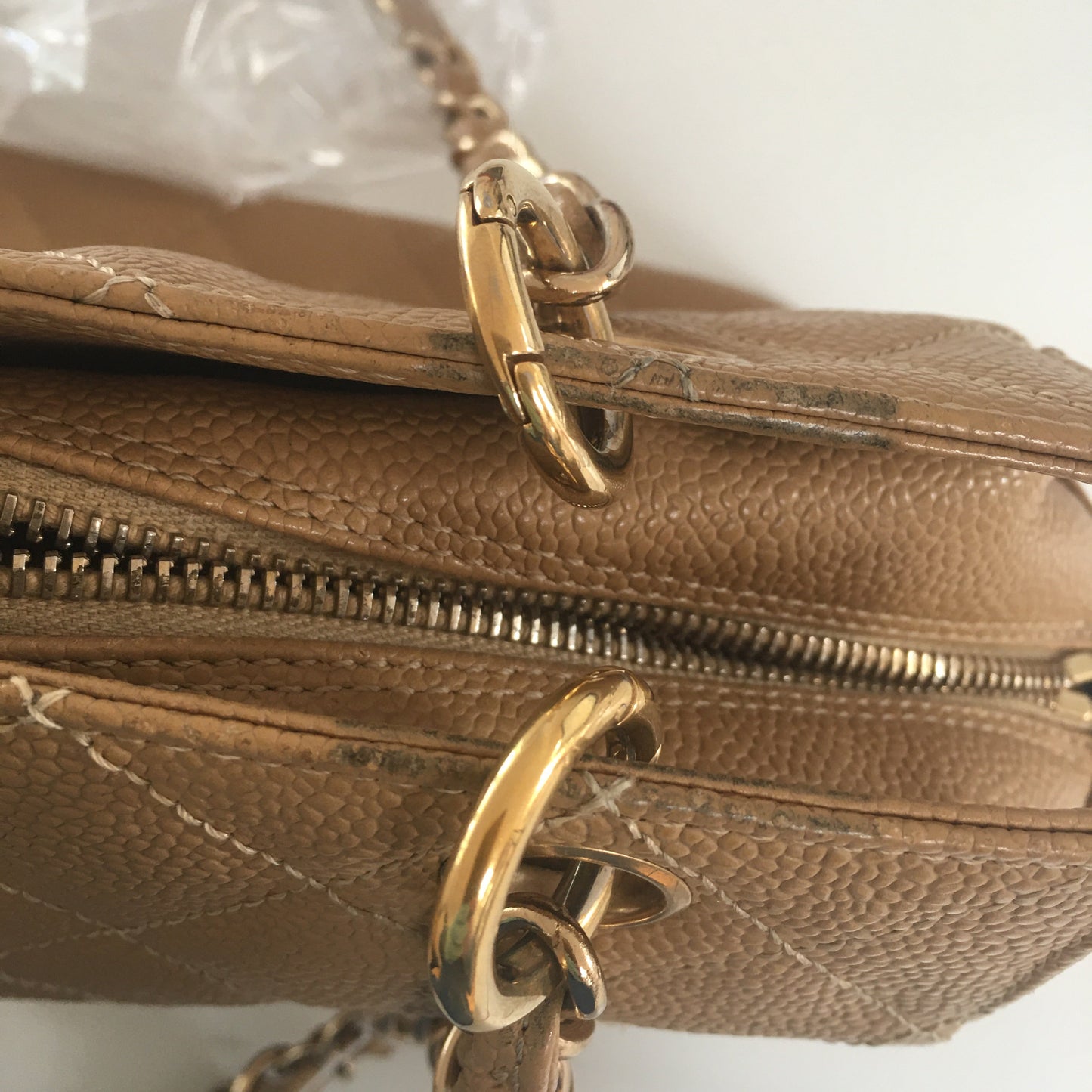 CHANEL Petite Shopping Tote Shoulder Bag in Beige Leather