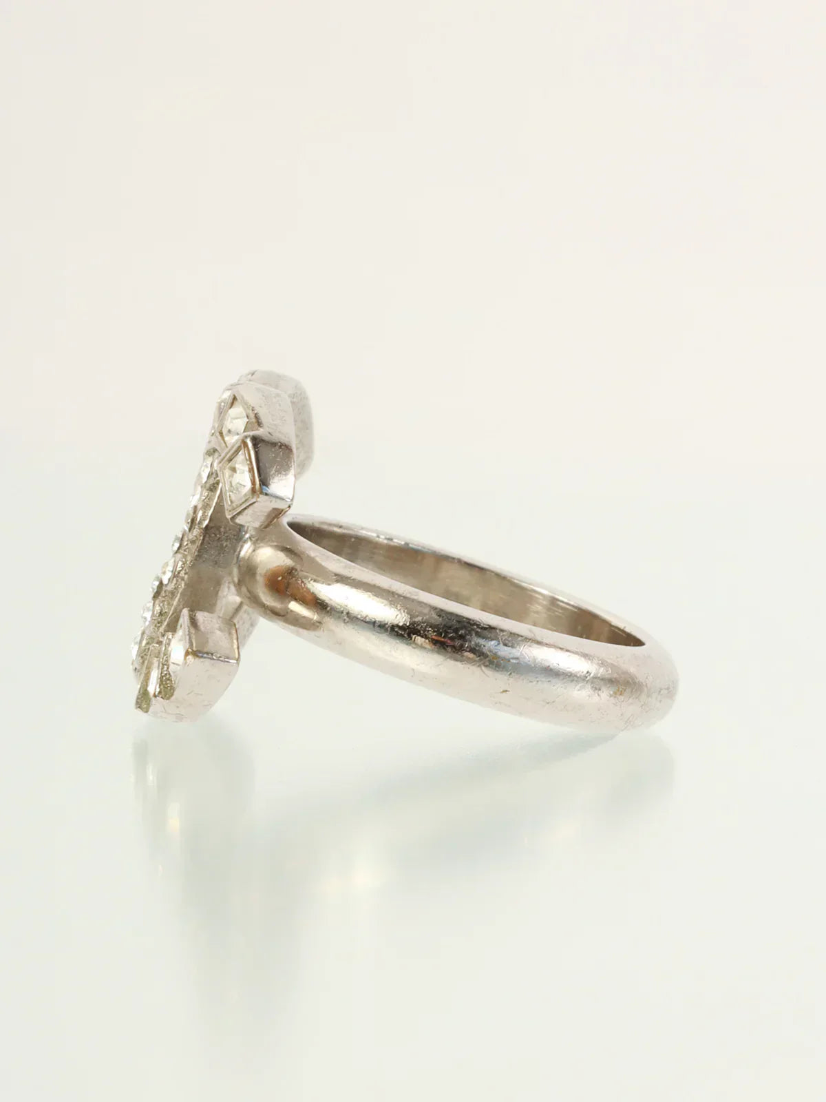 CHANEL 2014 Made Rhinestone Cc Mark Ring Silver