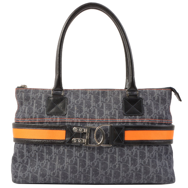 CHRISTIAN DIOR Flightline Denim Trotter Pattern Logo Plate Tote Bag Indigo/Orange
