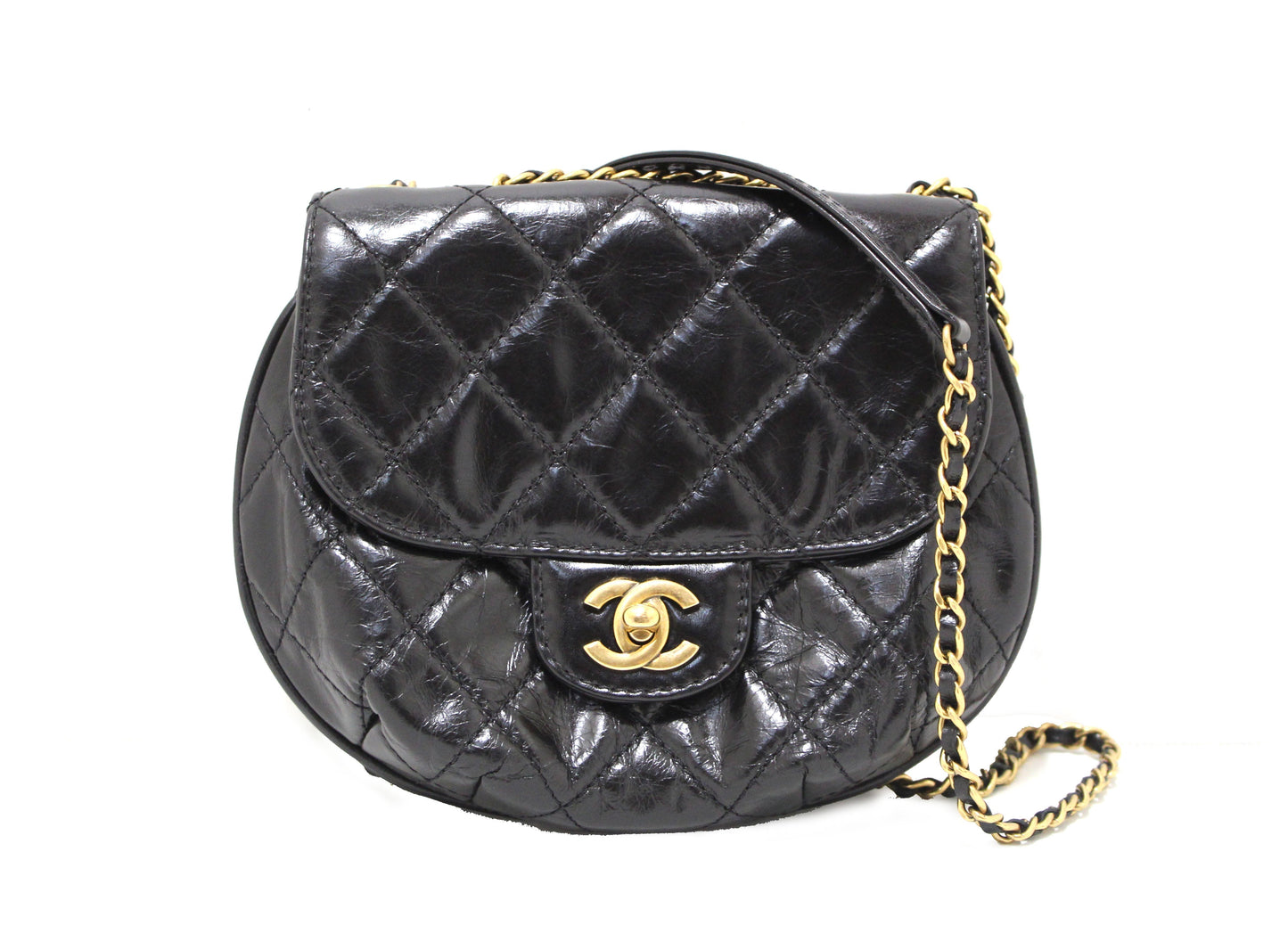 Chanel Black Aged Calfskin Quilted Mini Haft Moon Bag