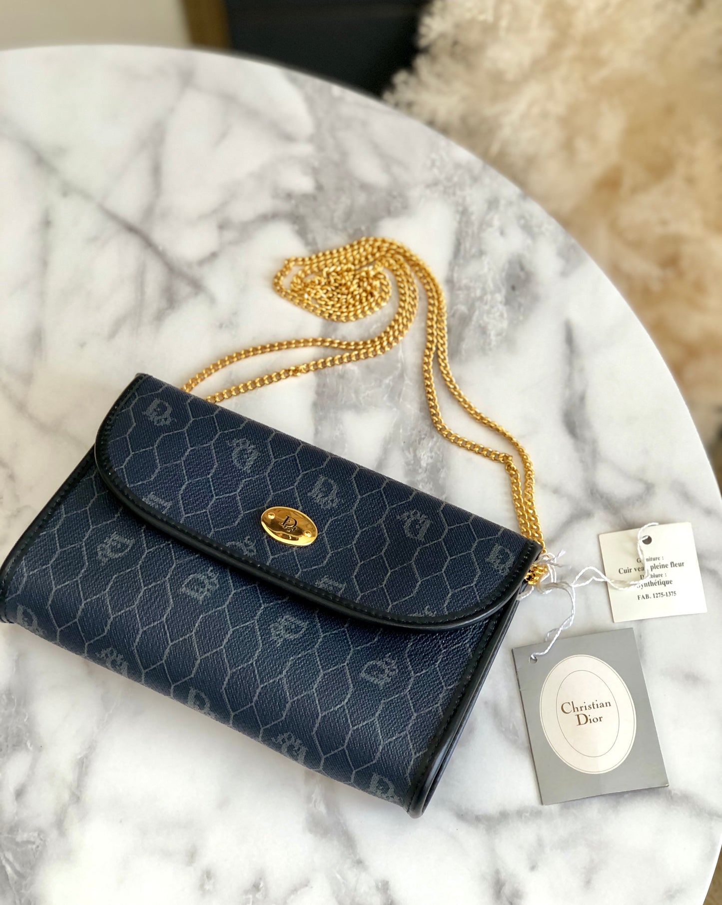 Christian Dior Logo Honeycomb Pattern Chain Crossbody Shoulderbag Navy Vintage Old pza5rt