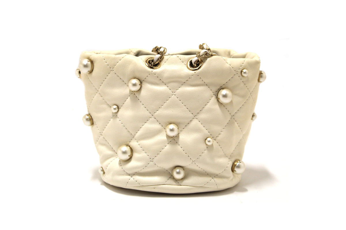 Chanel Quilted Lambskin with Pearls Mini Drawstring Bucket Bag
