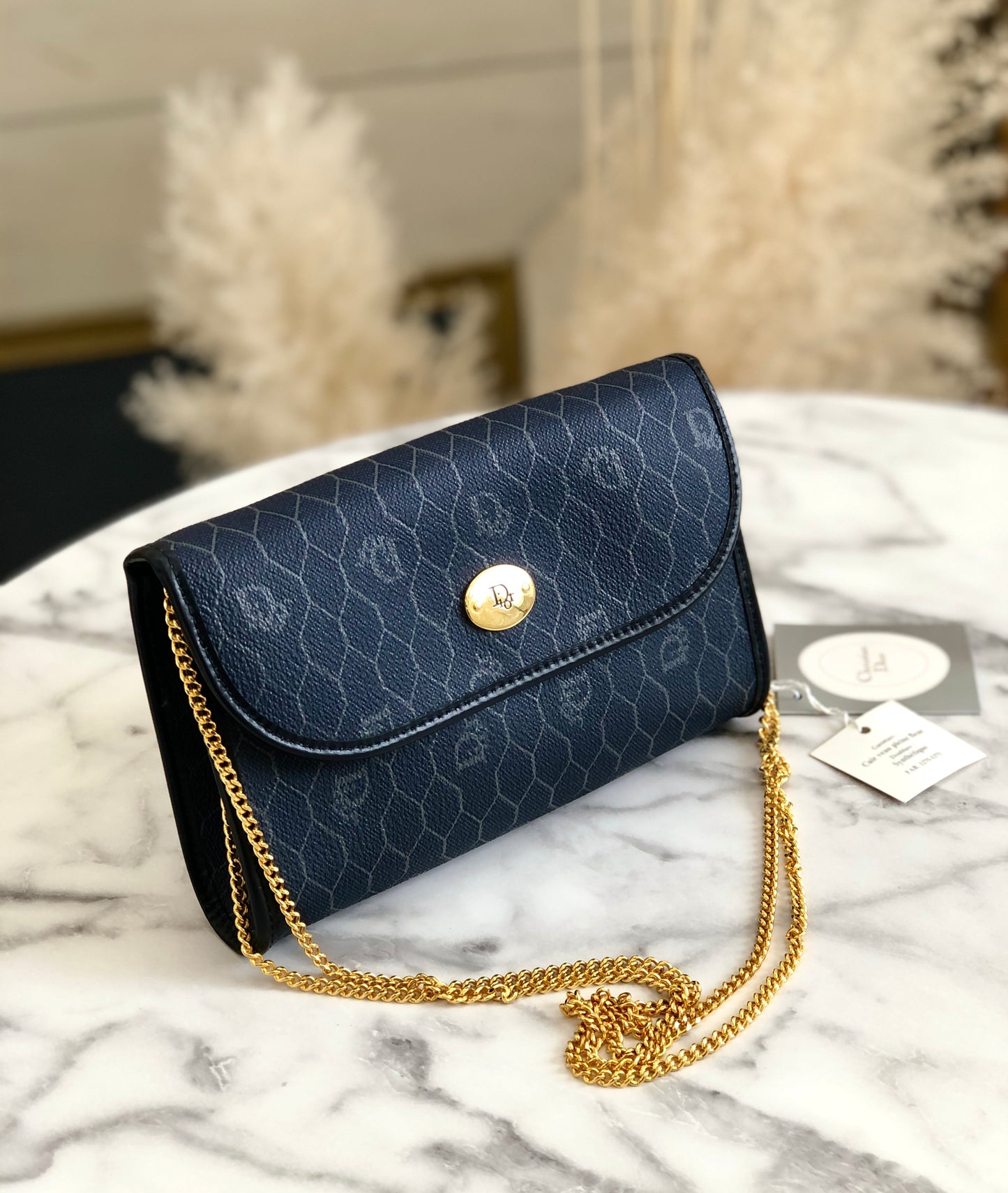 Christian Dior Logo Honeycomb Pattern Chain Crossbody Shoulderbag Navy Vintage Old pza5rt