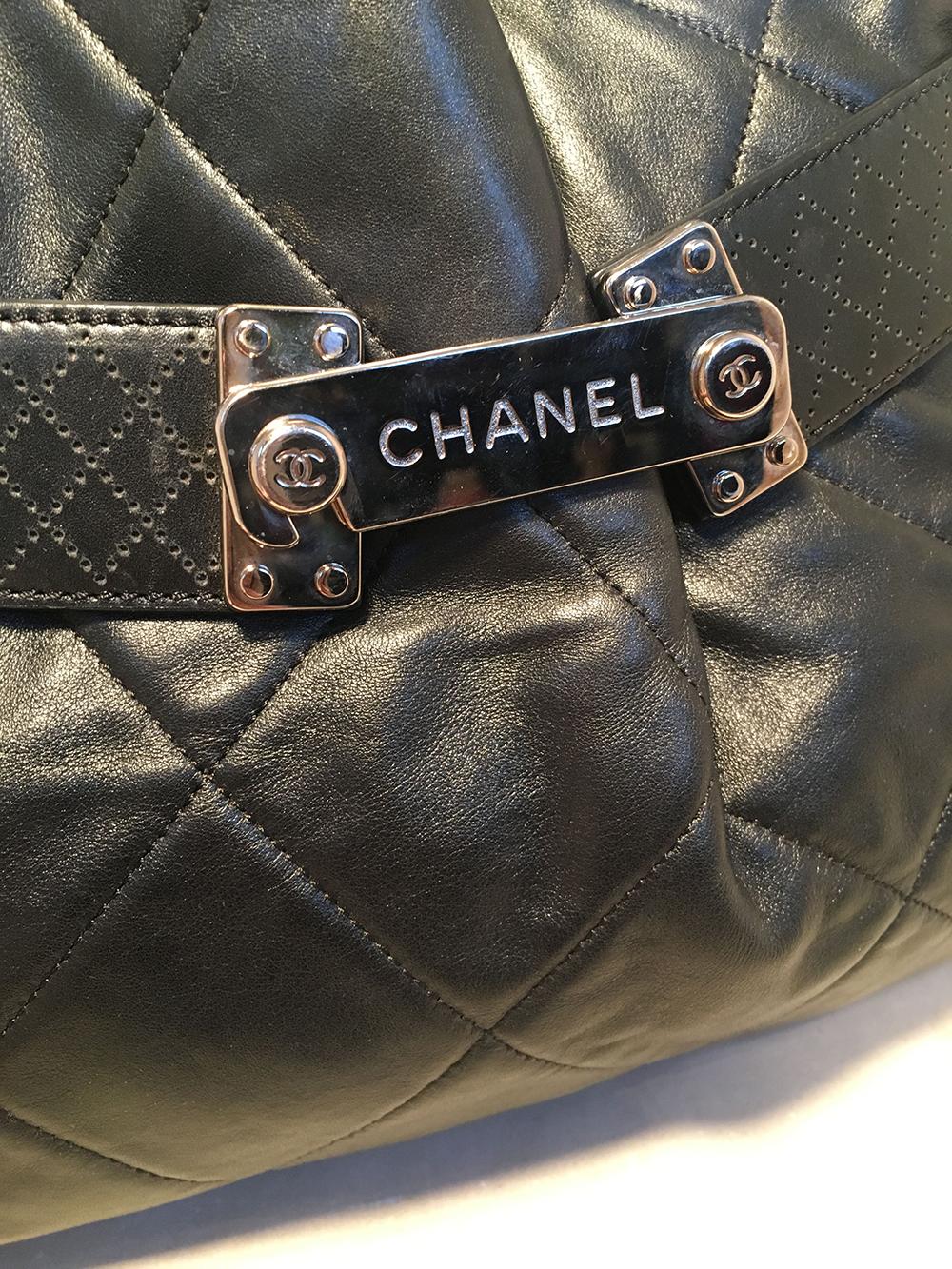 CHANEL Quilted Black Leather Latch Front Tote Bag