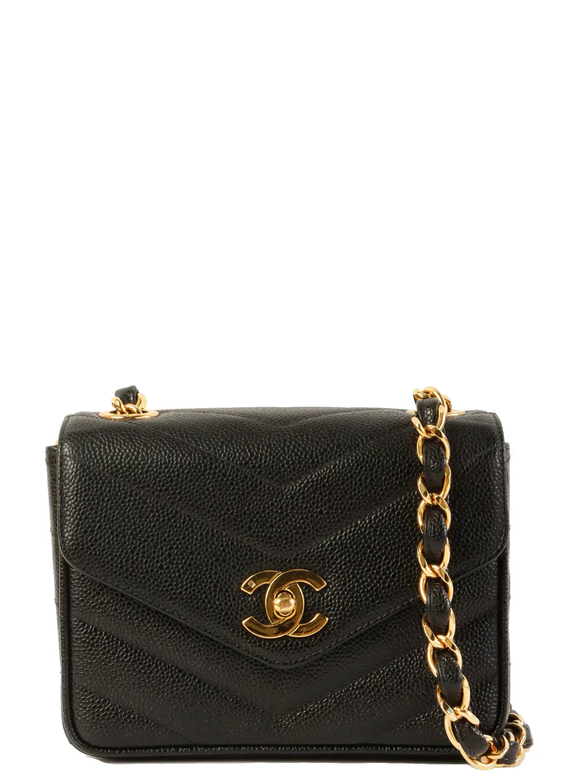 CHANEL Around 1995 Made Caviar Skin V Stitch Turn-Lock Chain Bag Black