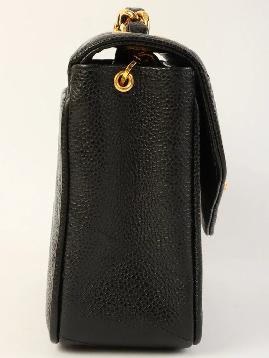 CHANEL Around 1995 Made Caviar Skin V Stitch Turn-Lock Chain Bag Black