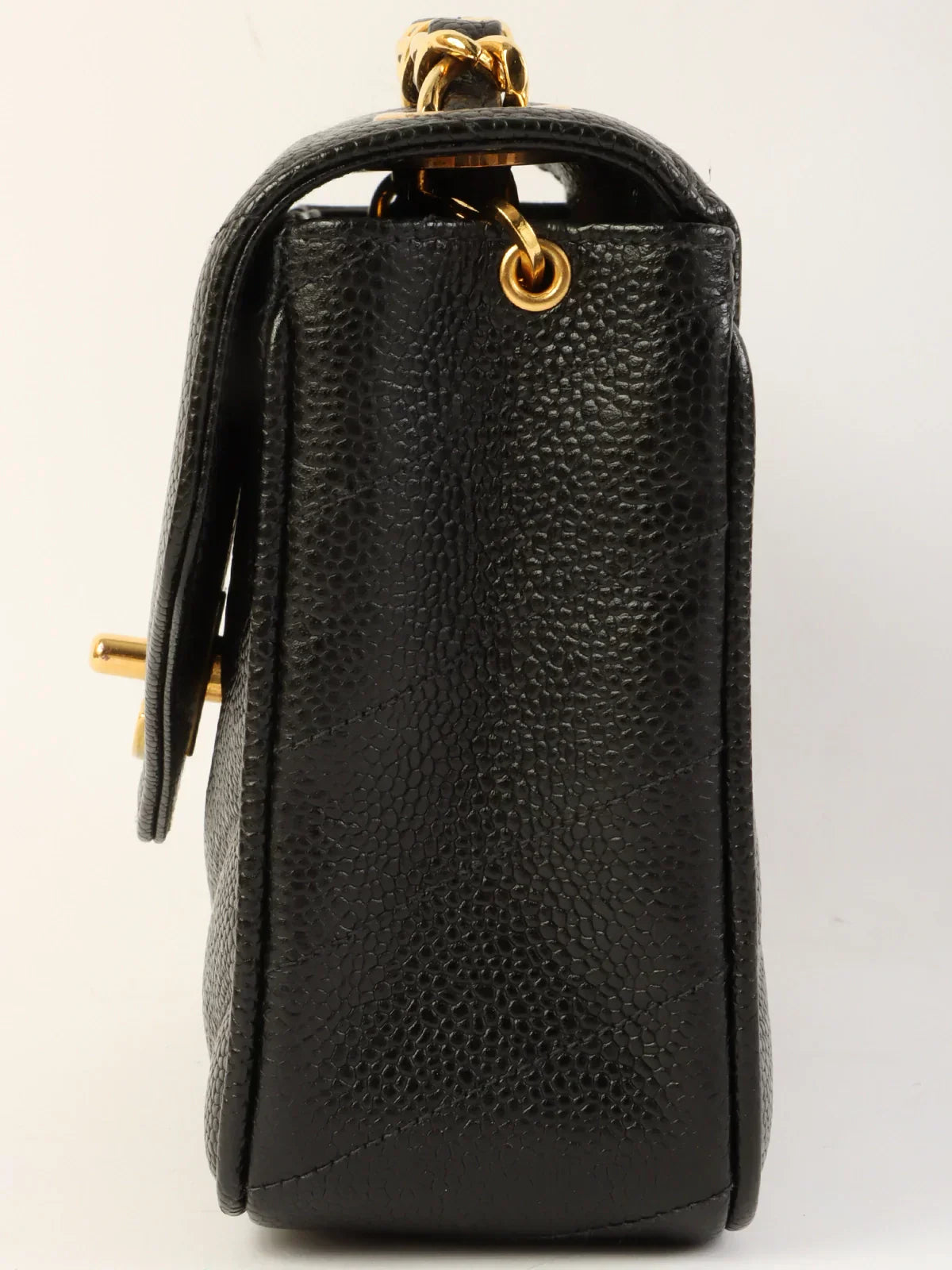 CHANEL Around 1995 Made Caviar Skin V Stitch Turn-Lock Chain Bag Black