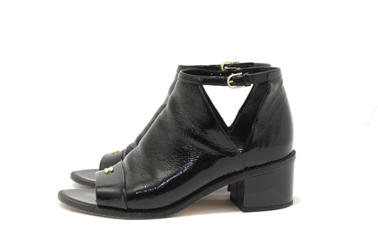 Chanel Black Patent Leather Peep Toe Short Ankle Boots 38.5 | Italystation.com
