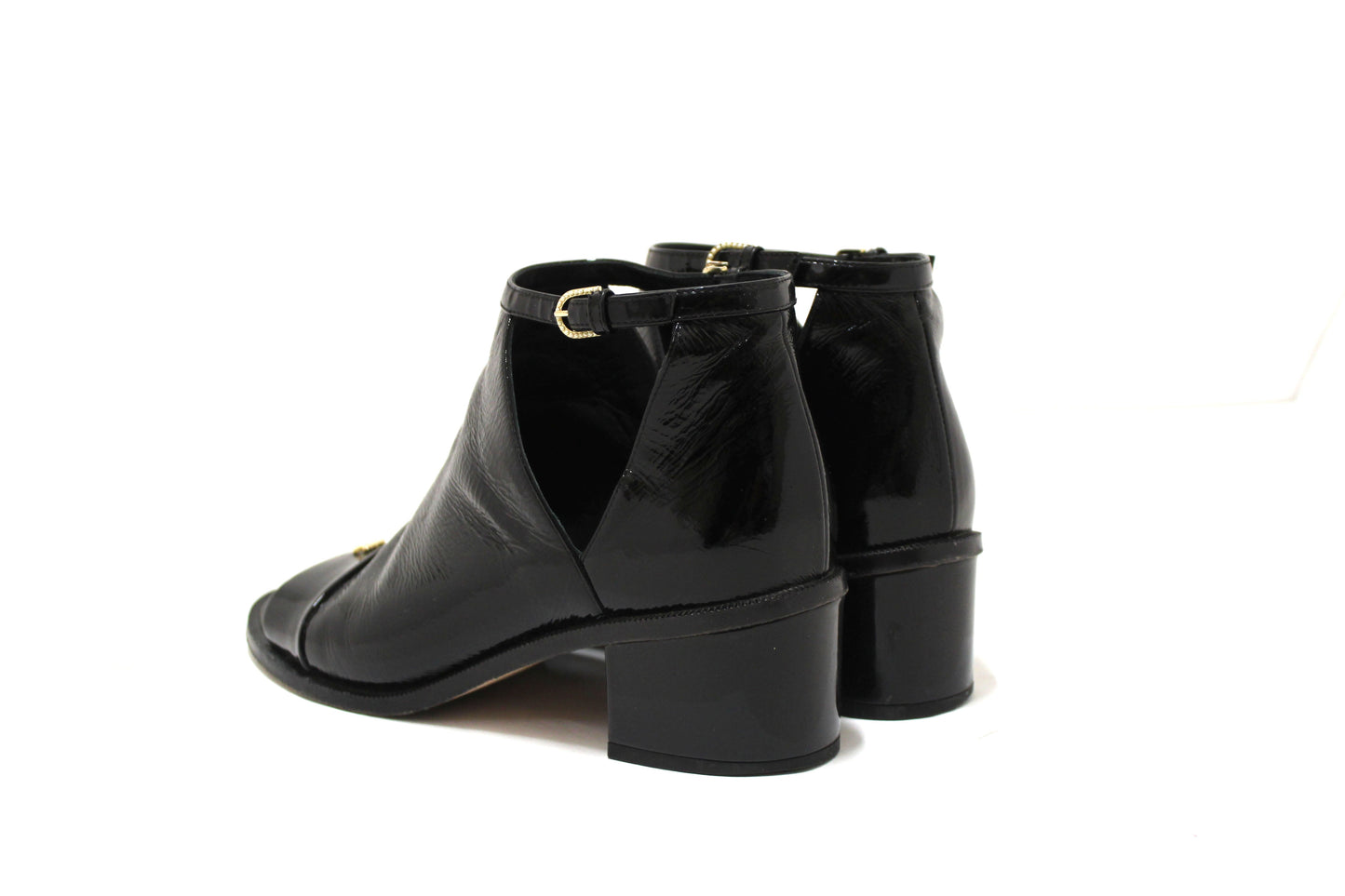 Chanel Black Patent Leather Peep Toe Short Ankle Boots .