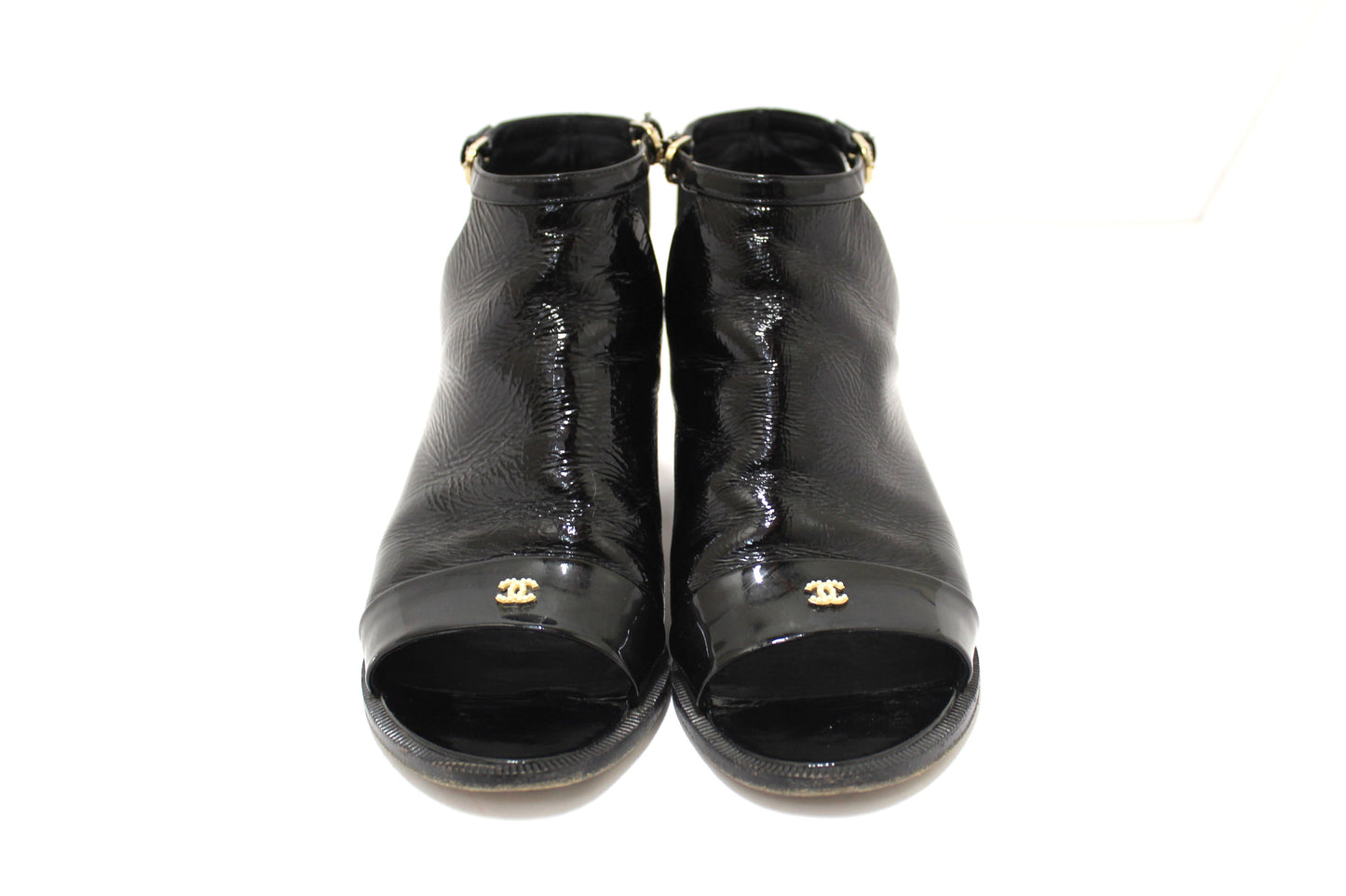 Chanel Black Patent Leather Peep Toe Short Ankle Boots .