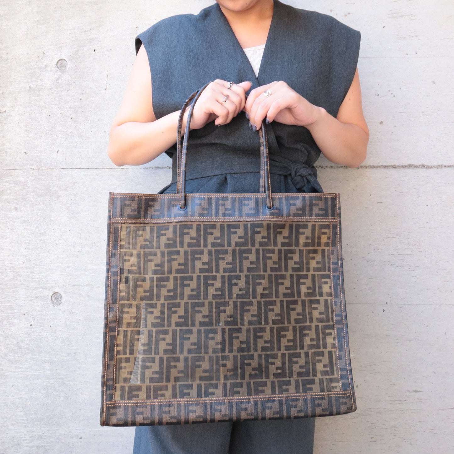 FENDI Zucca Mesh PVC Tote Bag Brown Black 8BH184