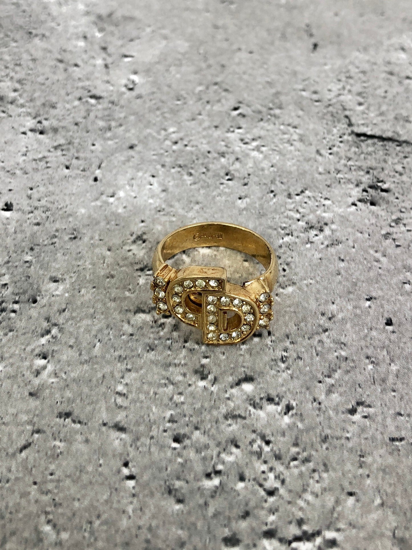 Christian Dior CD Logo Rhinestone Ring Gold Vintage yrss6i