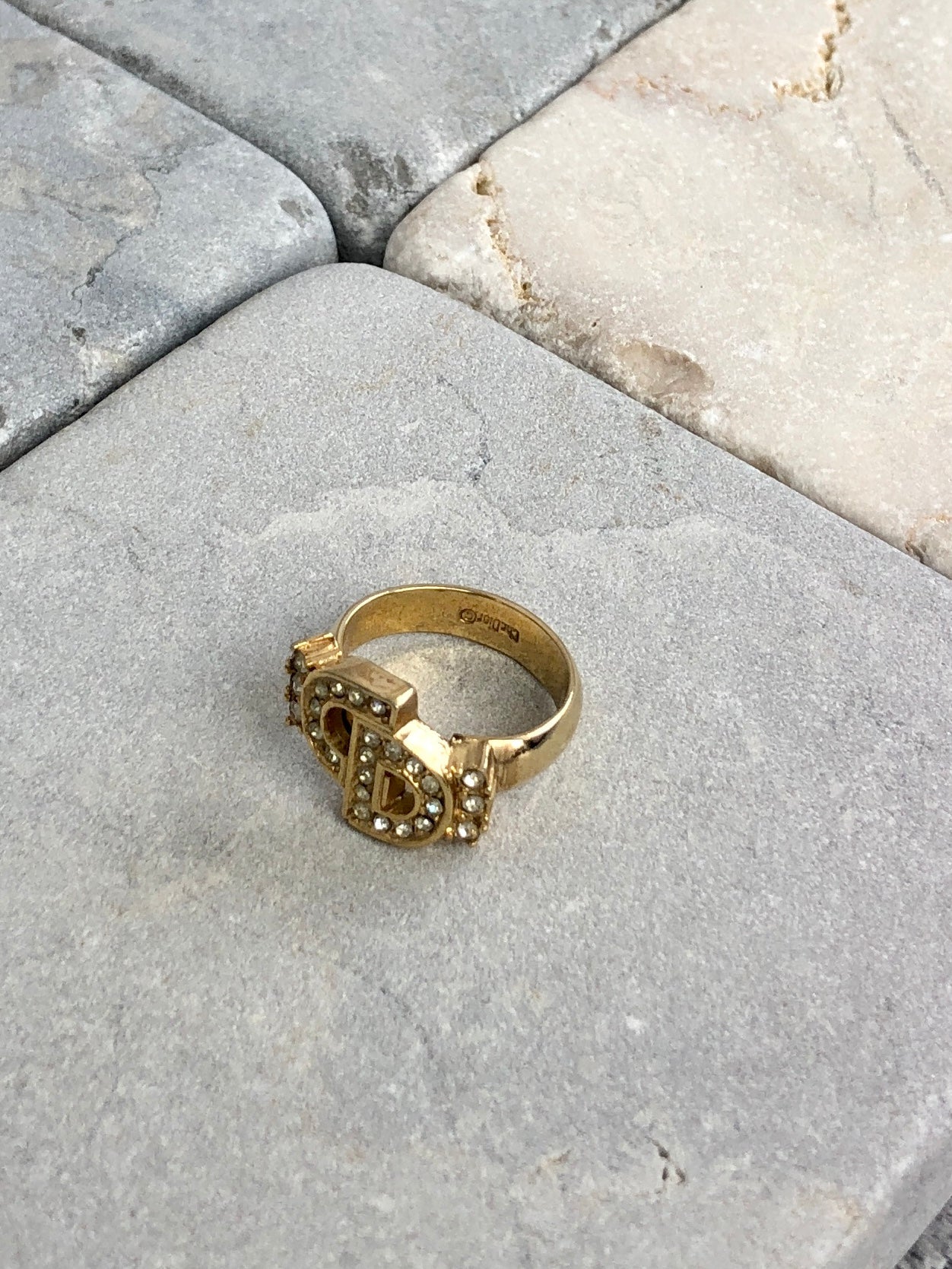 Christian Dior CD Logo Rhinestone Ring Gold Vintage yrss6i