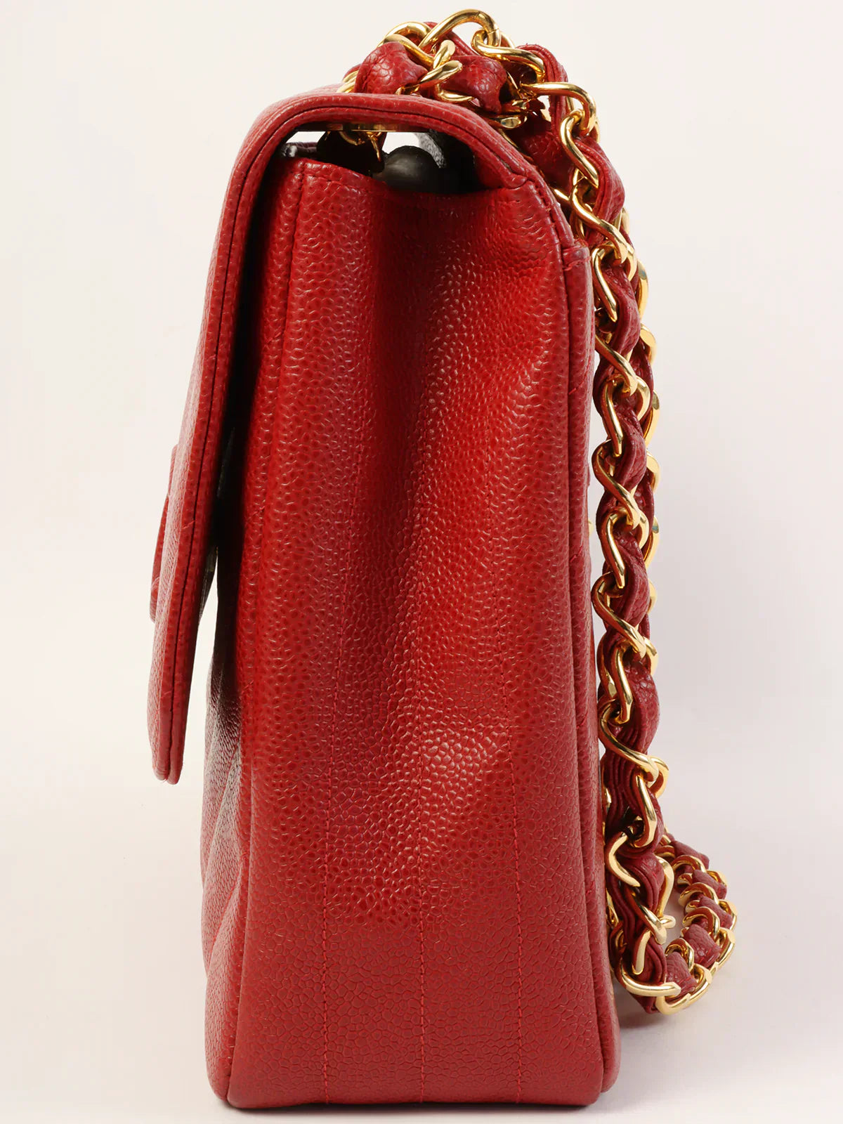 CHANEL Around 1995 Made Caviar Skin Mademoiselle Stitch Cc Mark Chain Top Handle Bag Red