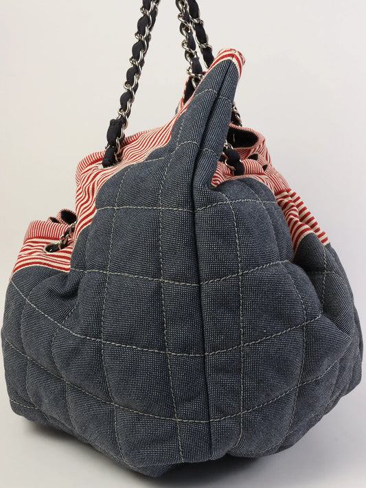 CHANEL Around 2009 Made Denim Cc Mark Stitch Tote Bag Indigo/Red