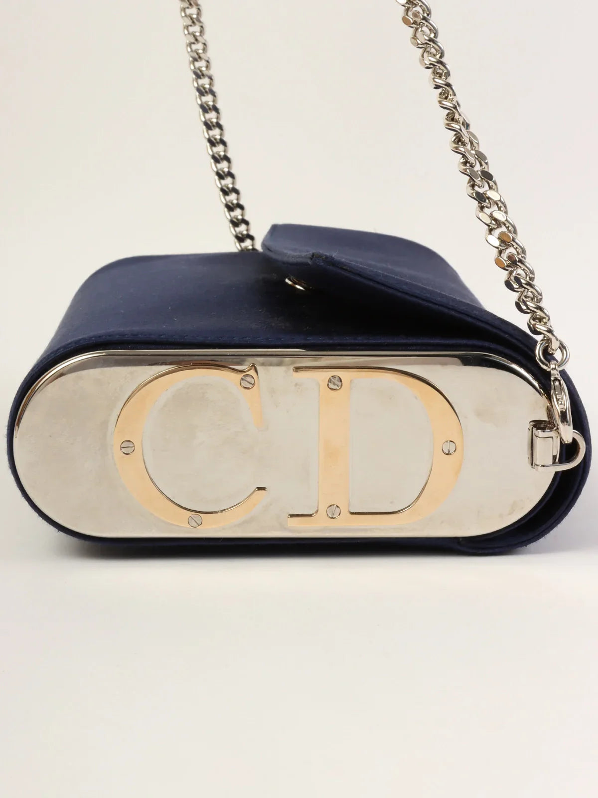 DIOR Satin Side Logo Plate Chain Bag Navy