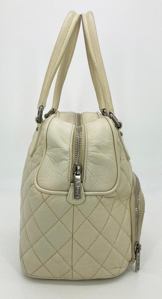 CHANEL Paris New York Cream Distressed Bowling Tote