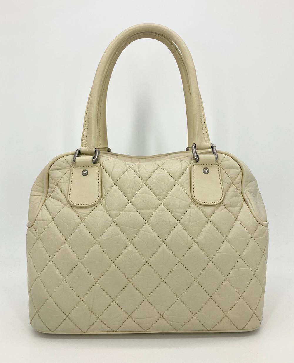 CHANEL Paris New York Cream Distressed Bowling Tote