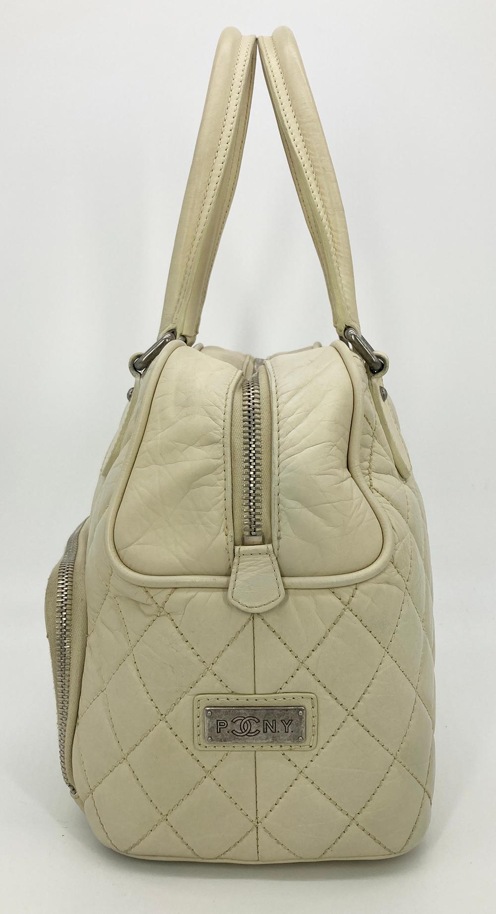 CHANEL Paris New York Cream Distressed Bowling Tote