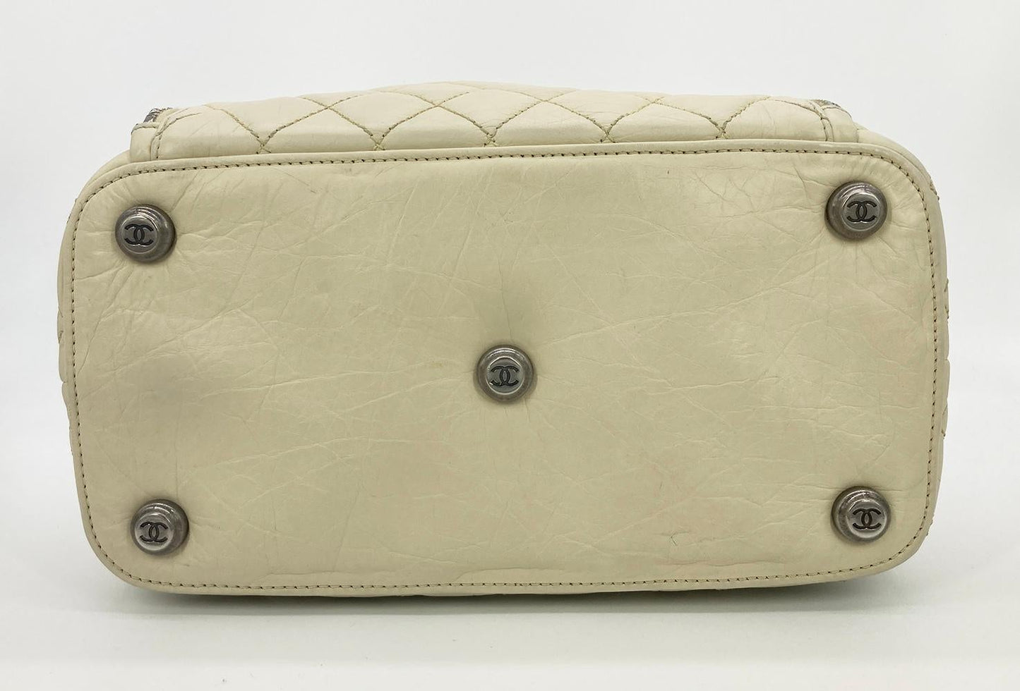 CHANEL Paris New York Cream Distressed Bowling Tote