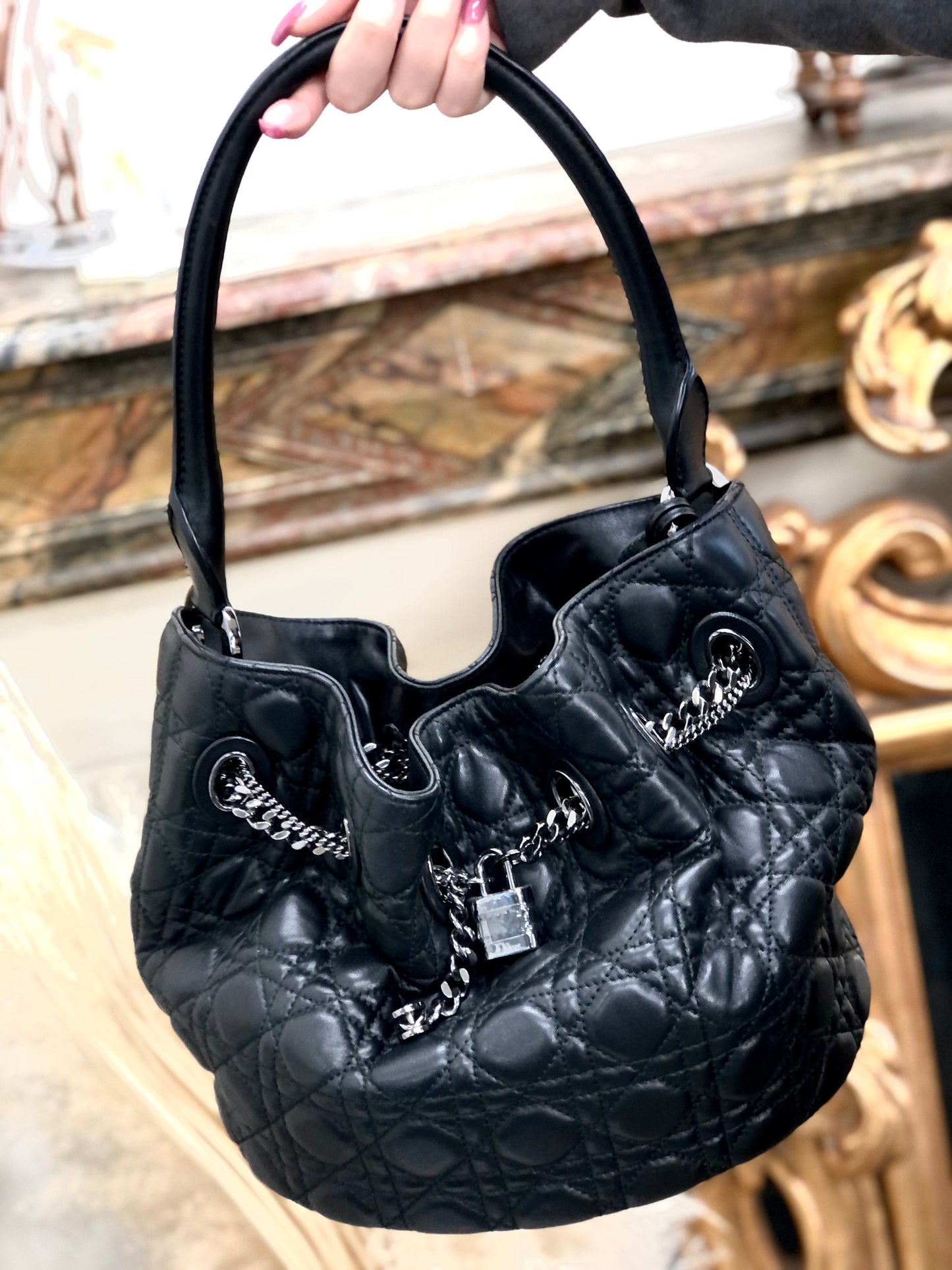 Christian Dior Cannage Lady dior Padlock Charm Bucket Totebag Black Vintage txf4va
