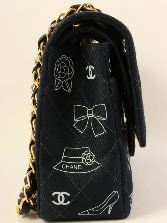 CHANEL Around 2001 Made Canvas Cc Mark Multi Print Classic Flap Chain Bag 25Cm Navy