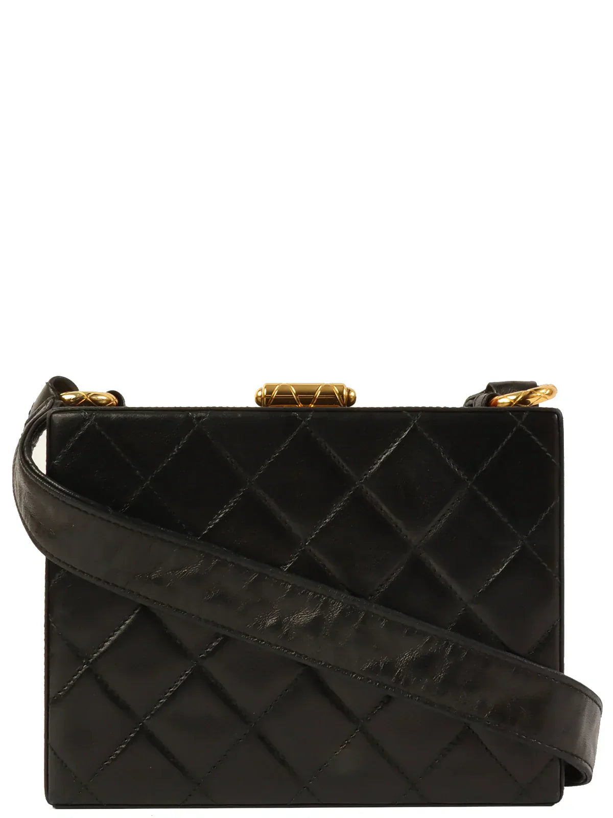 CHANEL Around 1990 Made Cc Mark Stitch Metal Clasp Box Shouder Bag Black