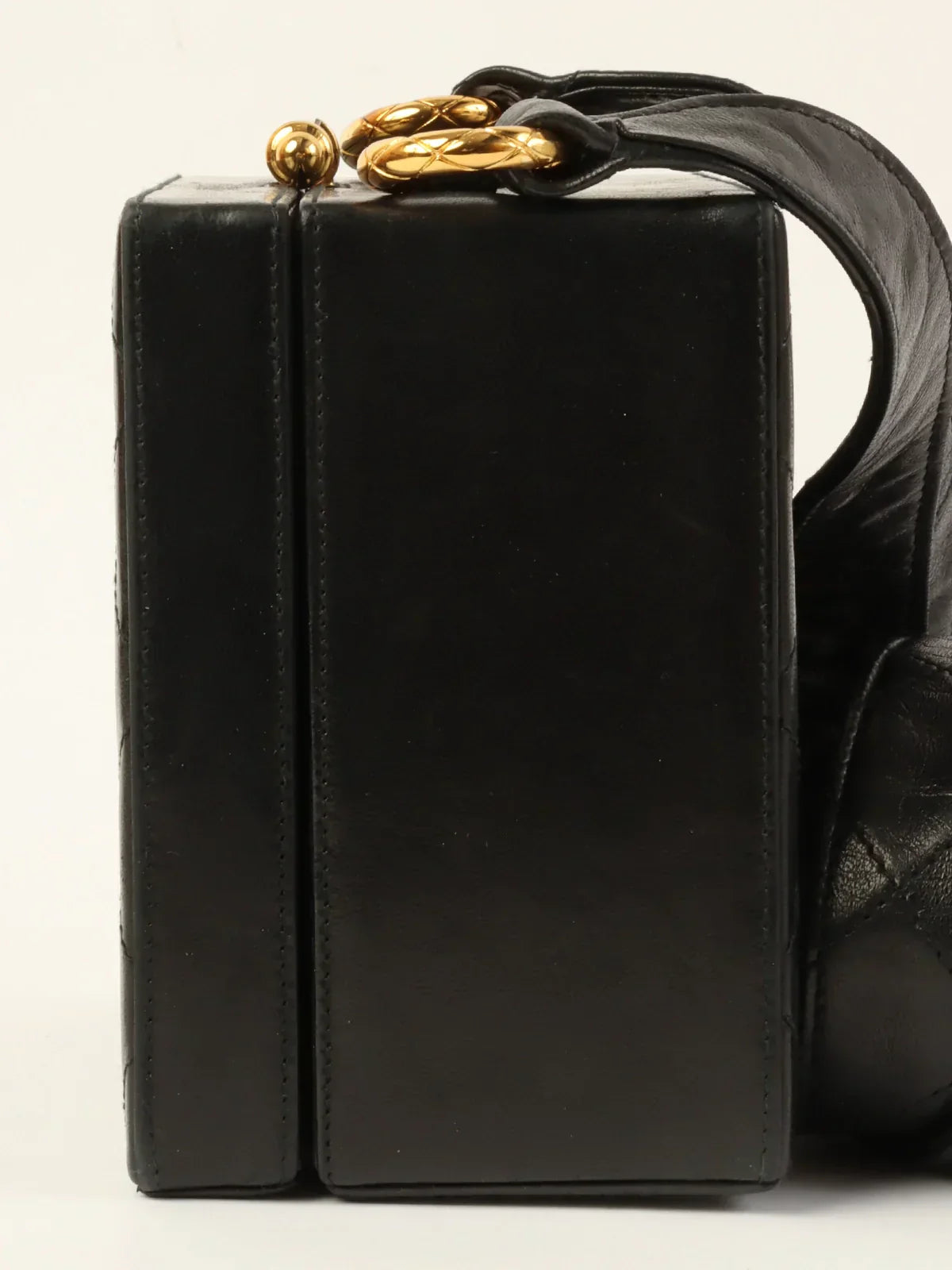 CHANEL Around 1990 Made Cc Mark Stitch Metal Clasp Box Shouder Bag Black