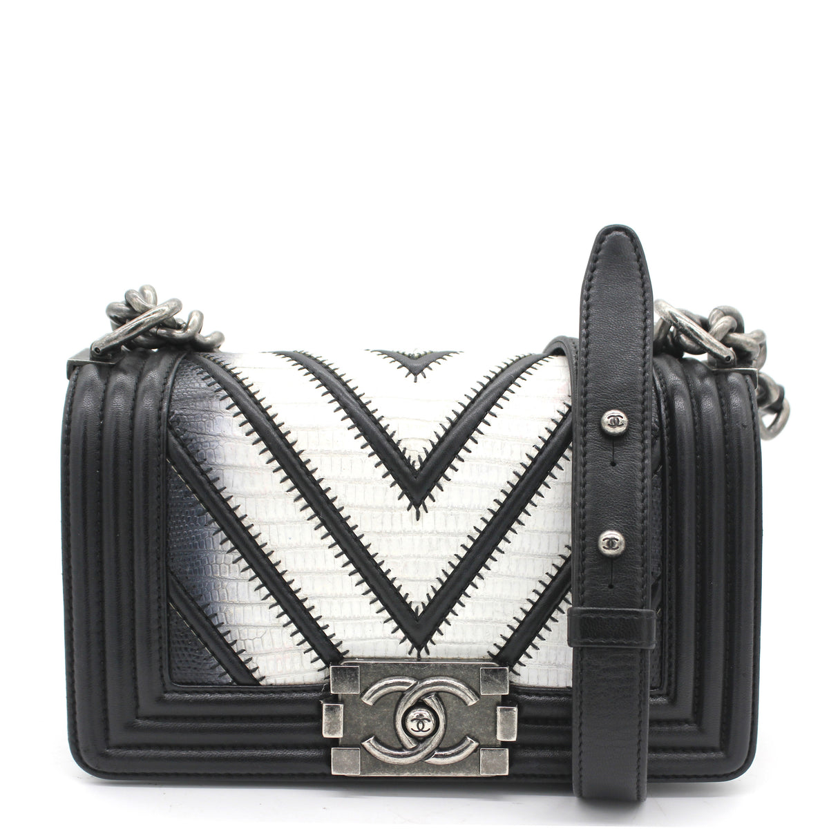 Chanel Lizard Chevron Small Boy Flap Black White