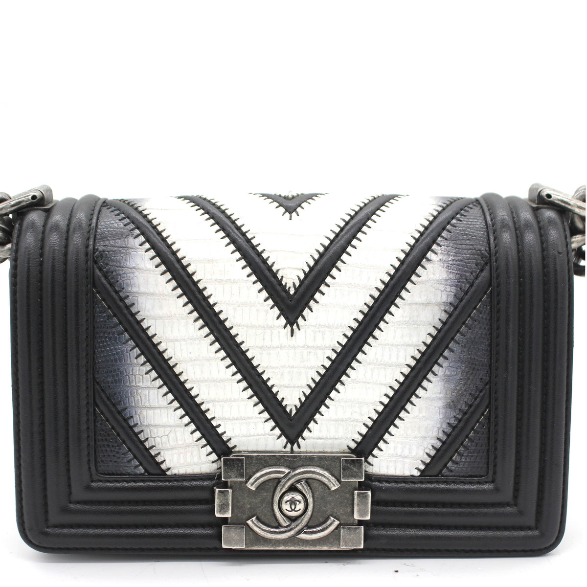 Chanel Lizard Chevron Small Boy Flap Black White