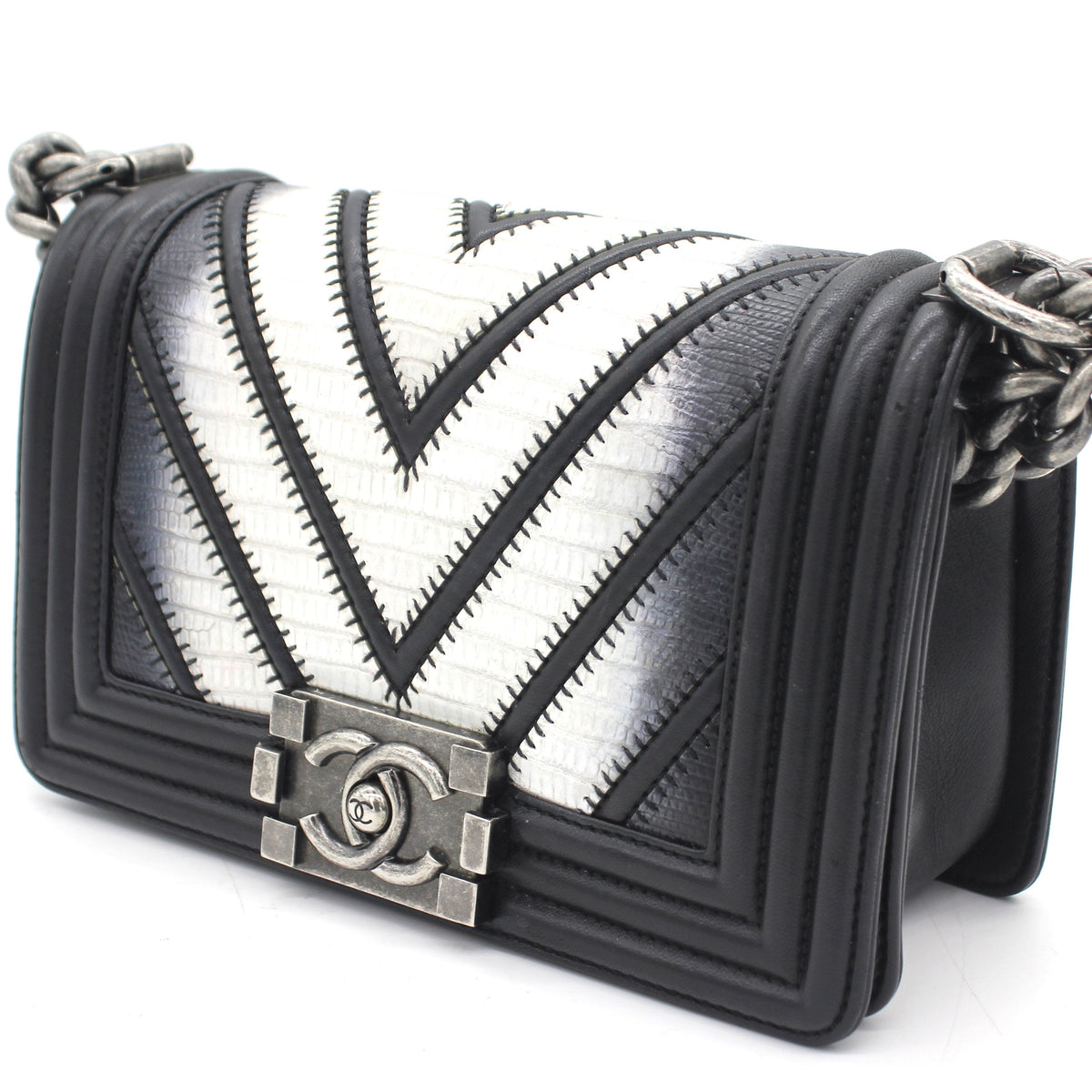 Chanel Lizard Chevron Small Boy Flap Black White