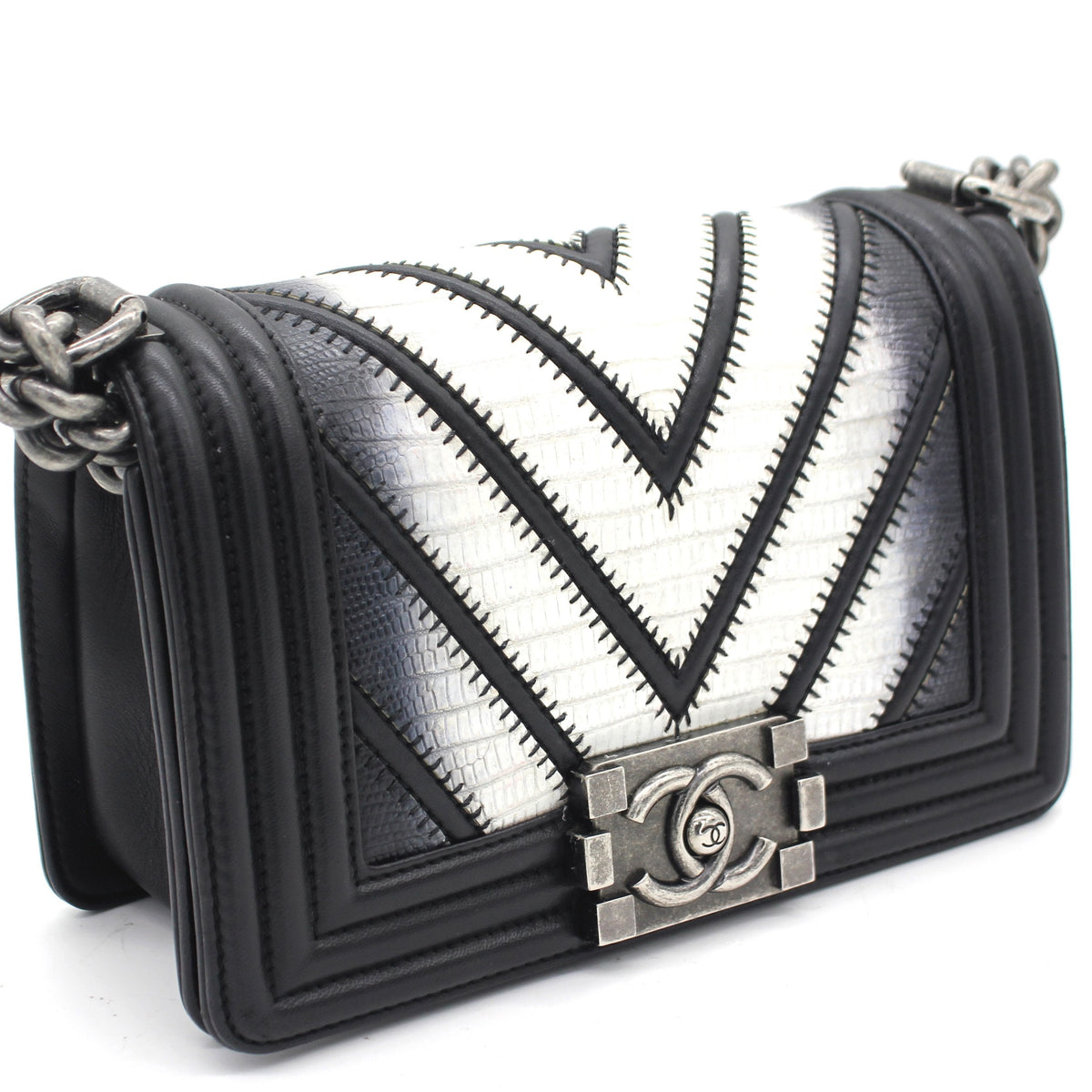 Chanel Lizard Chevron Small Boy Flap Black White