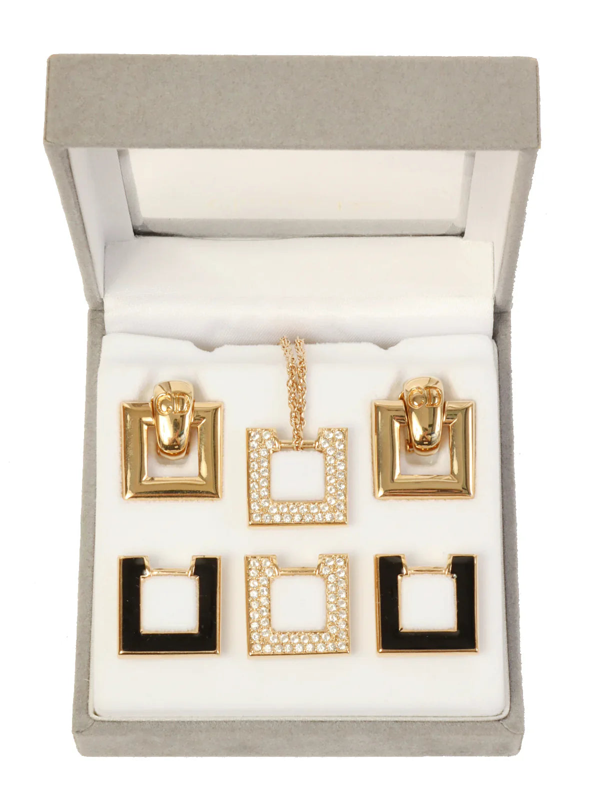 DIOR Square Logo Design Earring Sets Gold/Black/Rhinestone