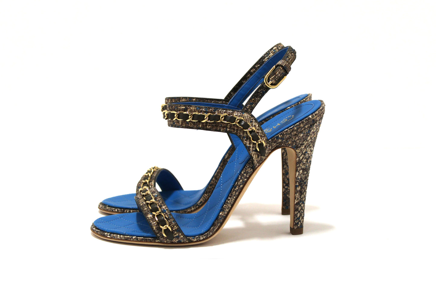 NEW Chanel Blue Leather and Tweed Chain Strap Sandal Heel Shoes Size 37 | Italystation.com