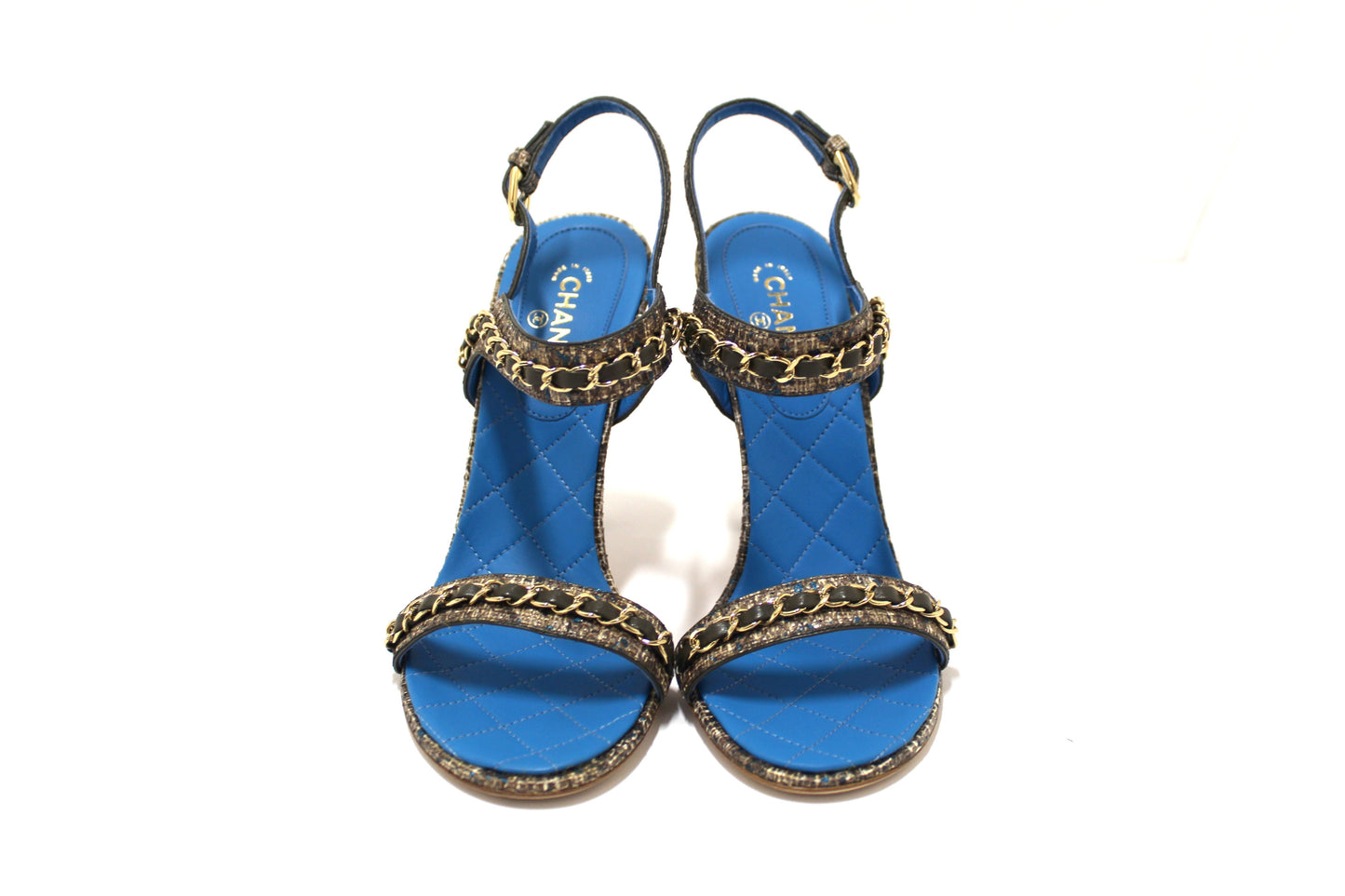 NEW Chanel Blue Leather and Tweed Chain Strap Sandal Heel Shoes Size