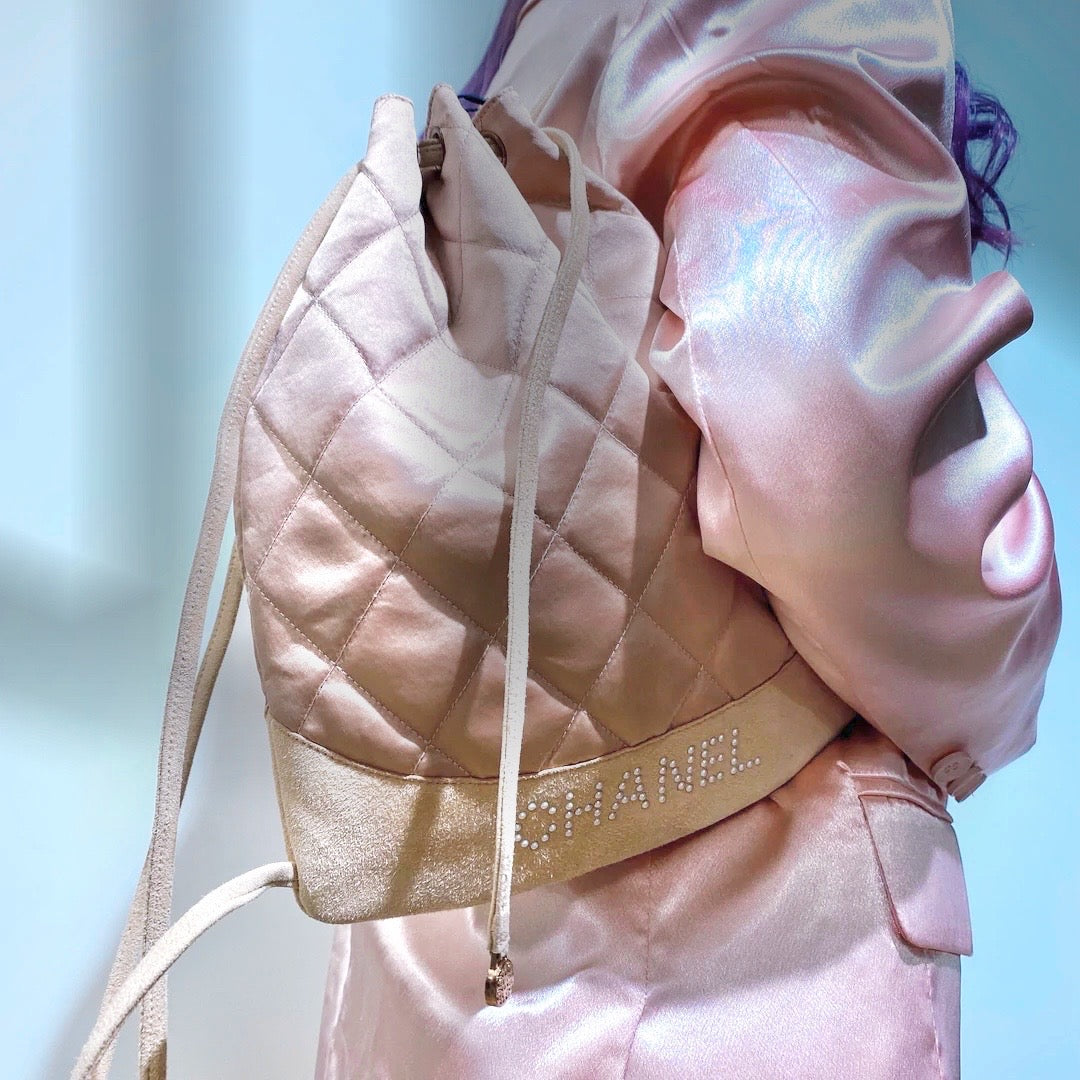 Chanel Vintage Quilted Satin and Suede Drawstring Backpack