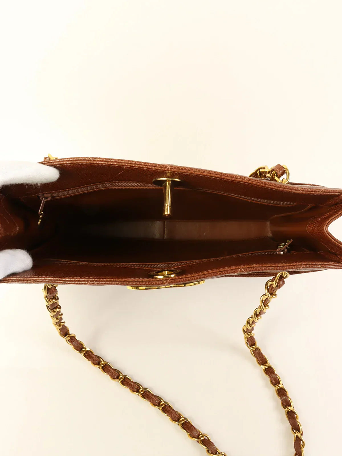 CHANEL Around 1995 Made Caviar Skin Turn-Lock Chain Tote Bag Brown