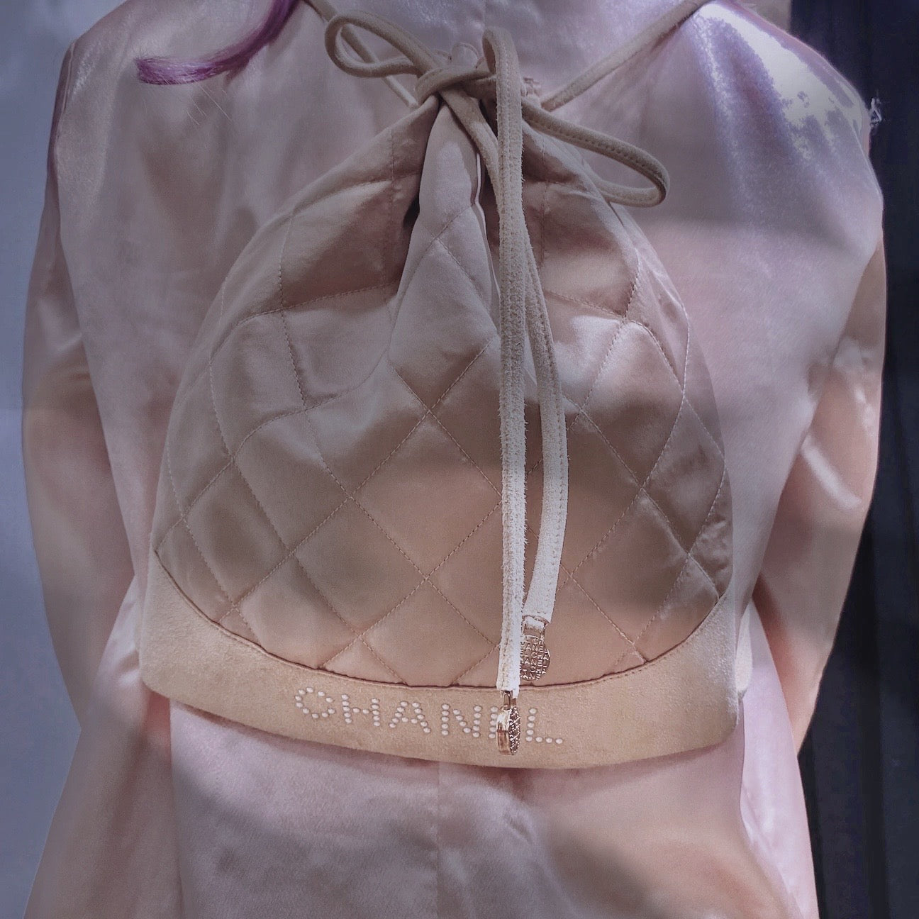 Chanel Vintage Quilted Satin and Suede Drawstring Backpack