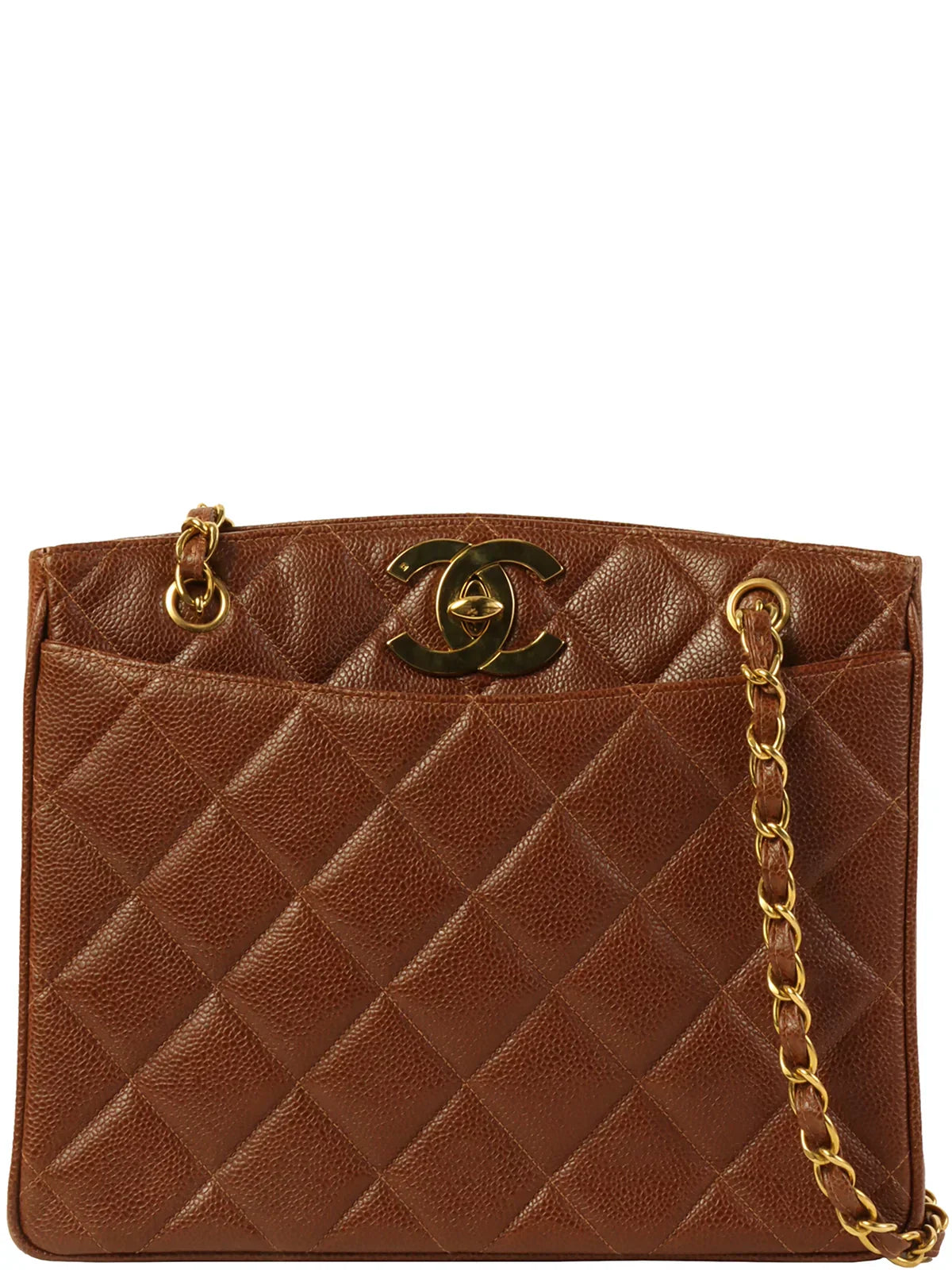 CHANEL Around 1995 Made Caviar Skin Turn-Lock Chain Tote Bag Brown