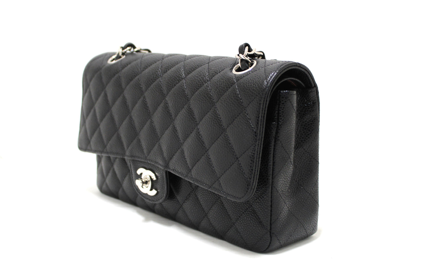 Chanel Classic Black Quilted Caviar Leather Classic Medium Double Flap Bag