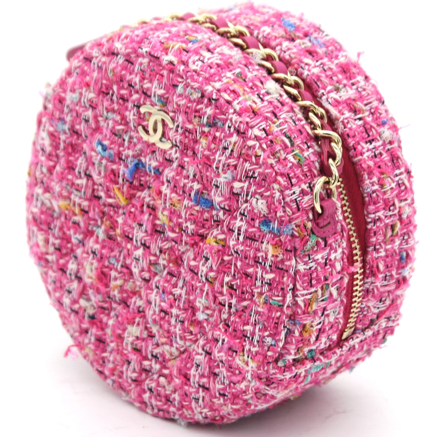 Chanel CC Tweed Fabric Round Clutch With Chain