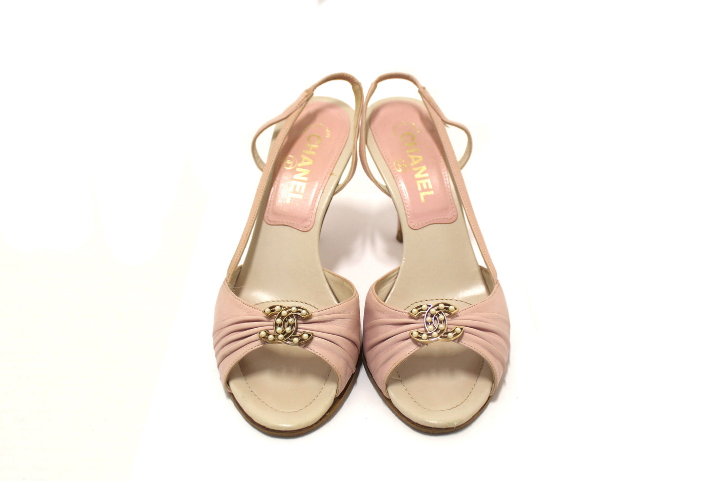 Chanel Vintage Pink/White Leather Slingback Sandal Heel Shoes Size
