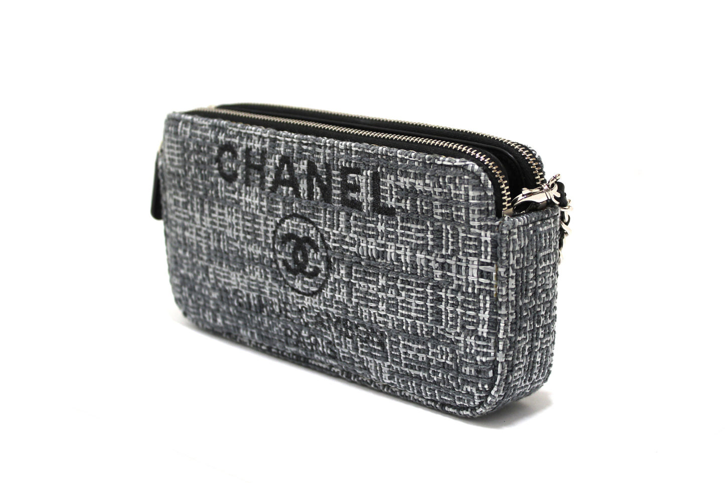 Chanel Grey Tweed Canvas Double Zip Wallet on Chain