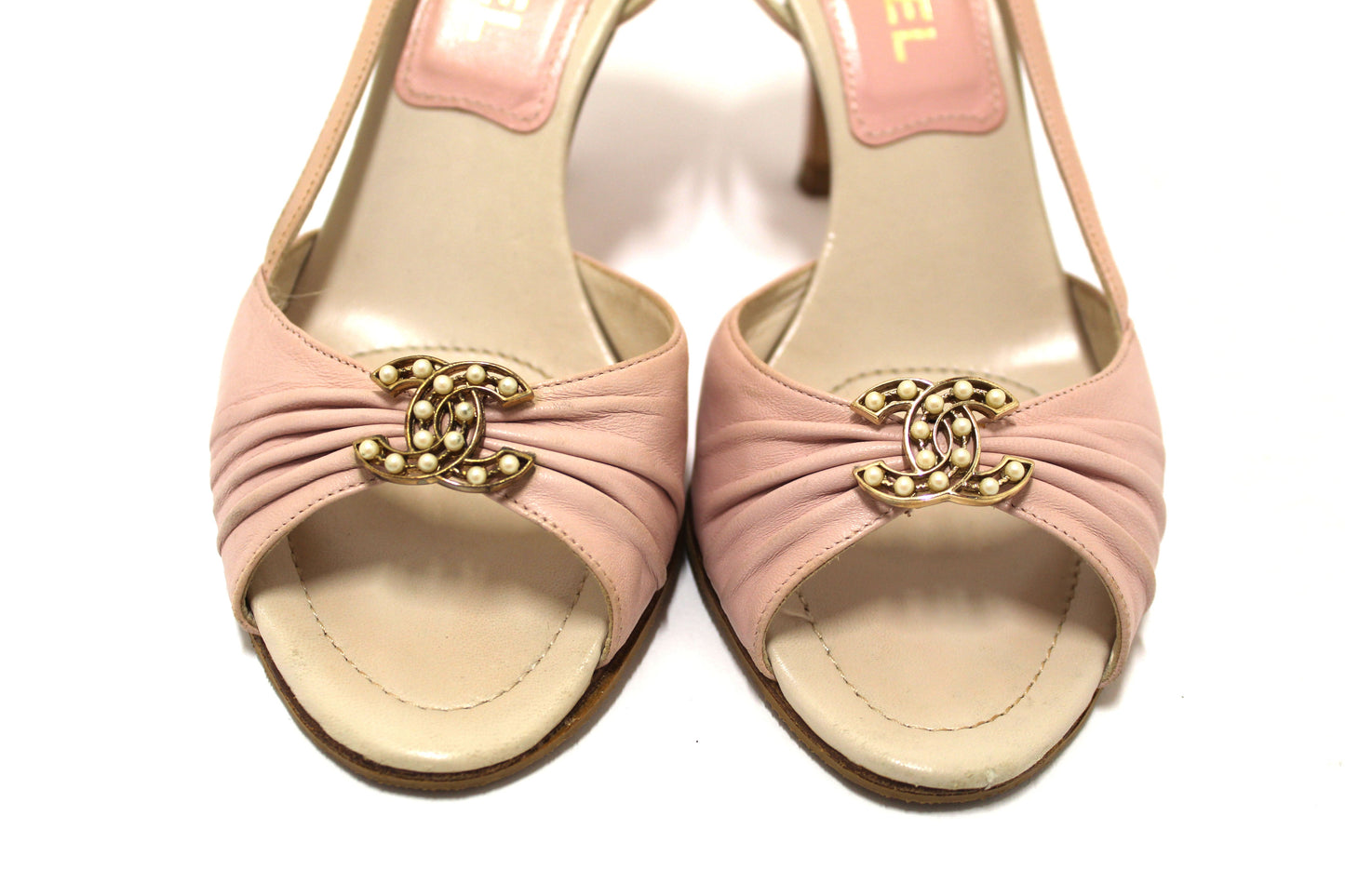 Chanel Vintage Pink/White Leather Slingback Sandal Heel Shoes Size
