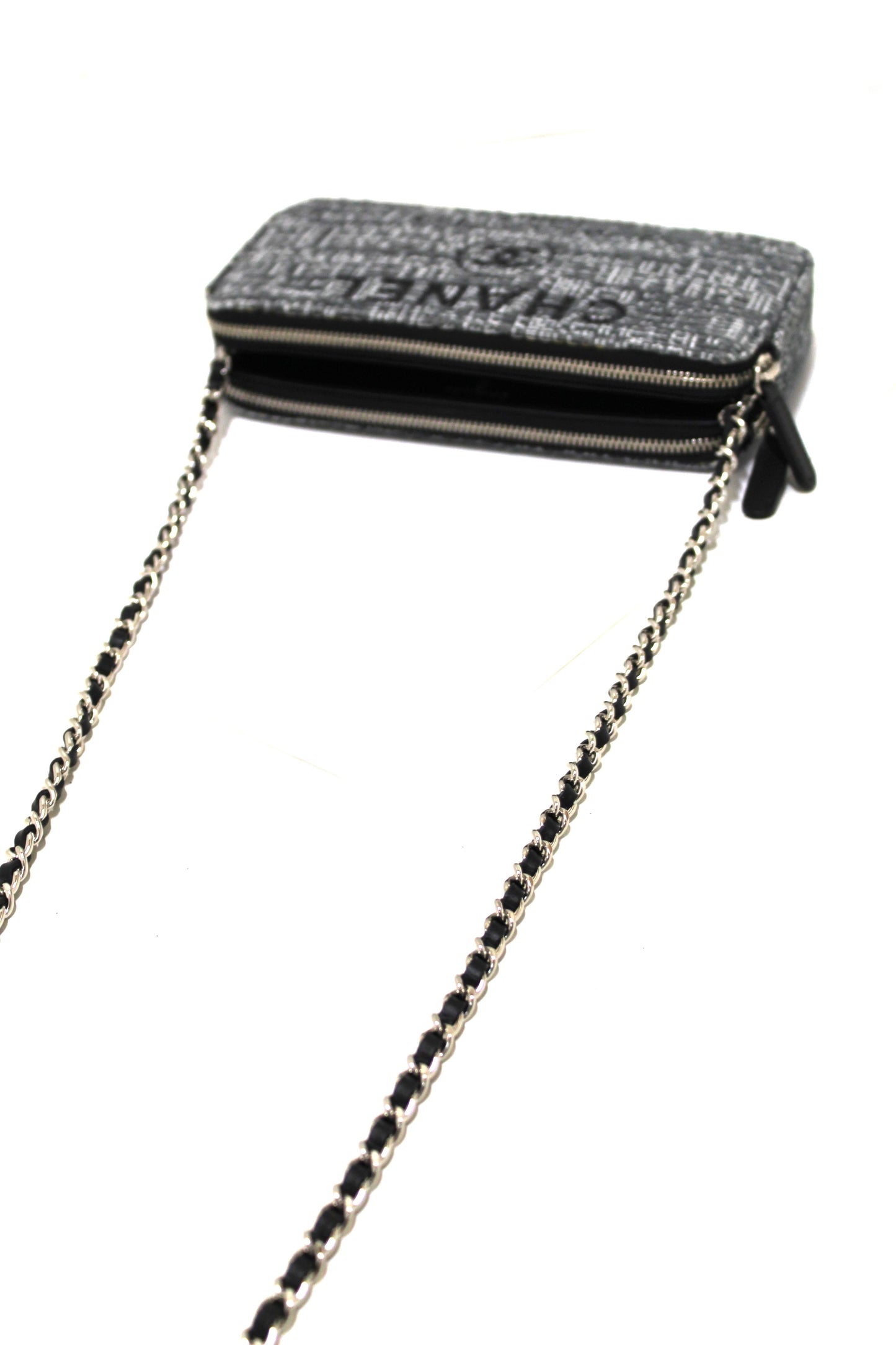 Chanel Grey Tweed Canvas Double Zip Wallet on Chain