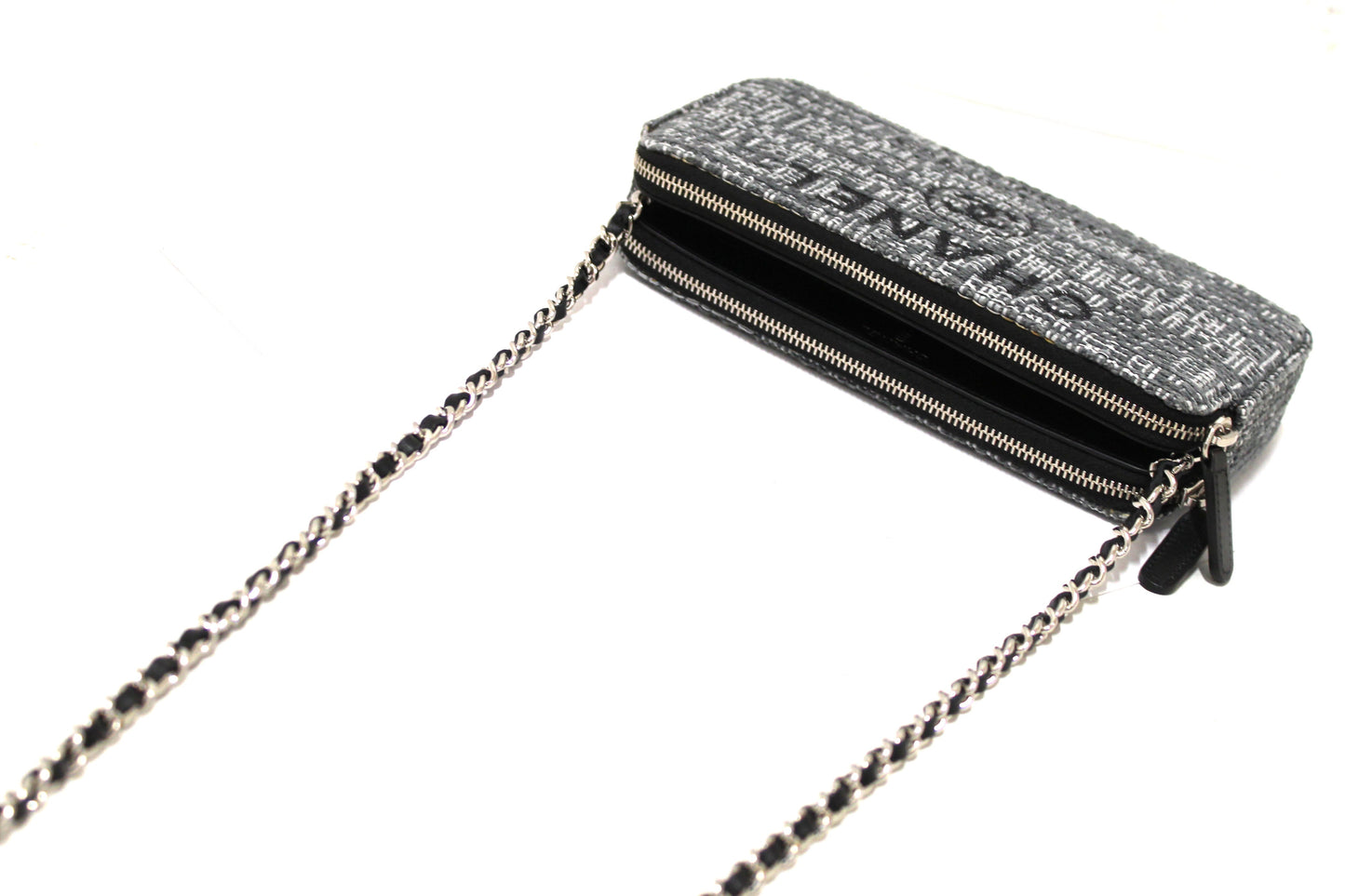 Chanel Grey Tweed Canvas Double Zip Wallet on Chain