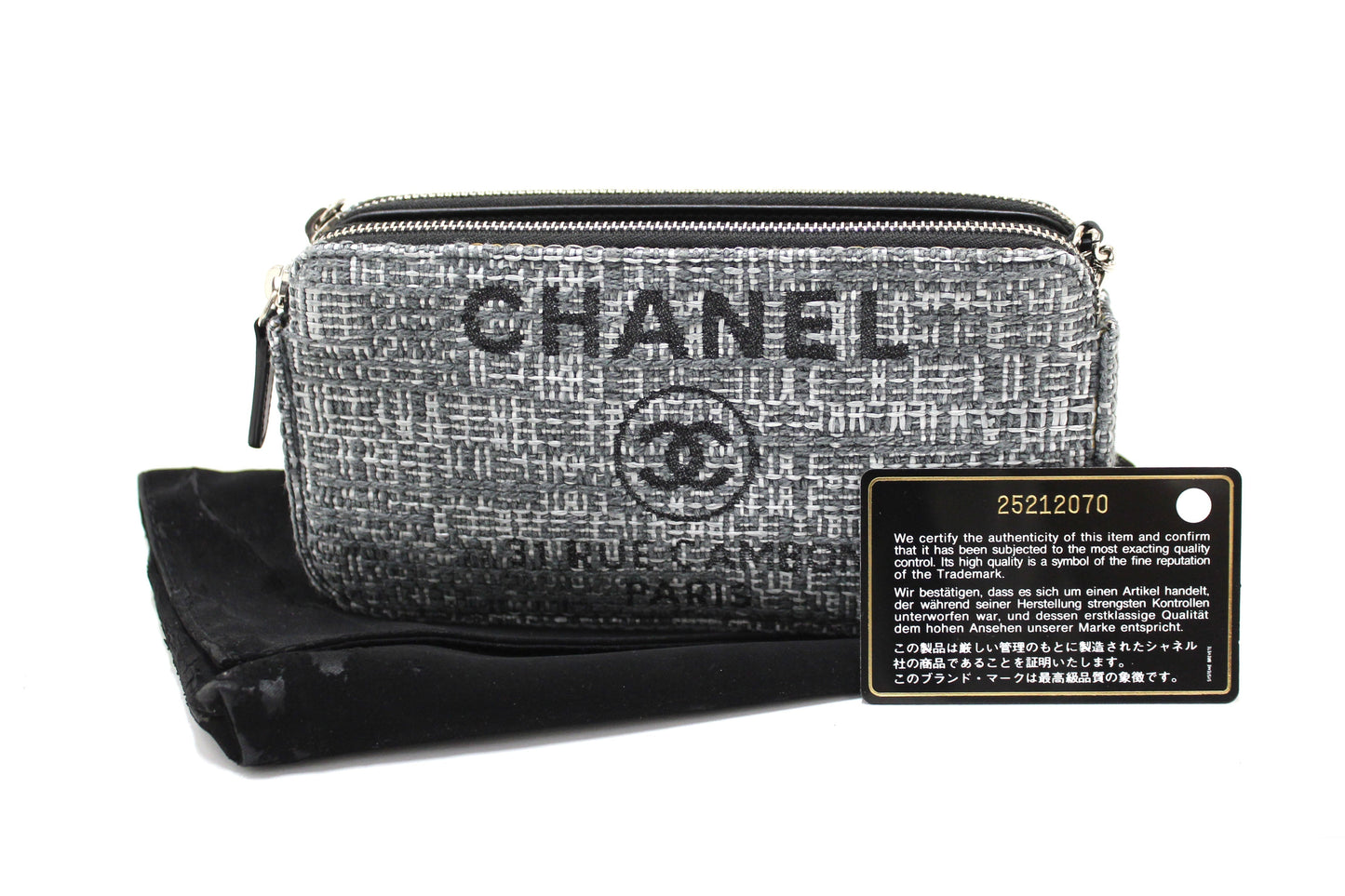 Chanel Grey Tweed Canvas Double Zip Wallet on Chain