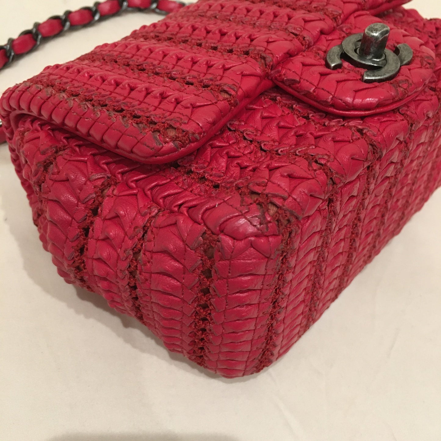 Chanel Red Woven Braided Leather Square Single Flap Crossbody Bag Sku# 75888